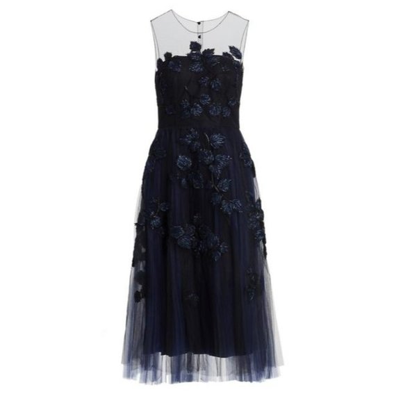 Carolina Herrera Navy Beaded And Appliqued Tulle Mid Length Dress